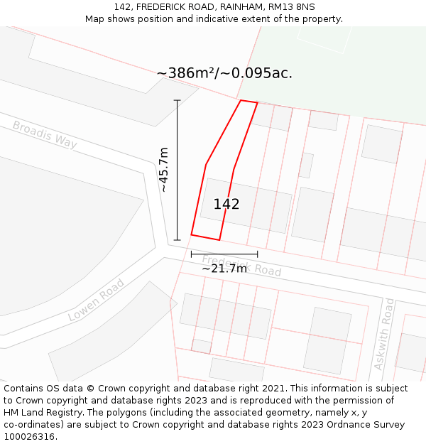 142, FREDERICK ROAD, RAINHAM, RM13 8NS: Plot and title map