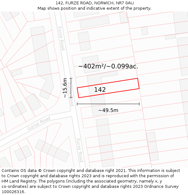142, FURZE ROAD, NORWICH, NR7 0AU: Plot and title map