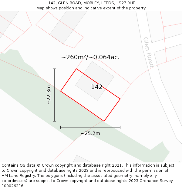 142, GLEN ROAD, MORLEY, LEEDS, LS27 9HF: Plot and title map