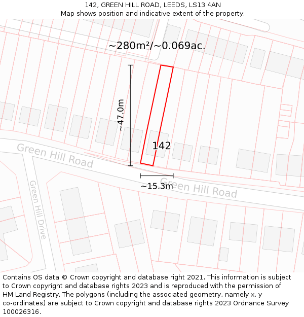142, GREEN HILL ROAD, LEEDS, LS13 4AN: Plot and title map