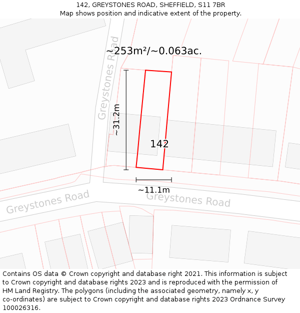 142, GREYSTONES ROAD, SHEFFIELD, S11 7BR: Plot and title map