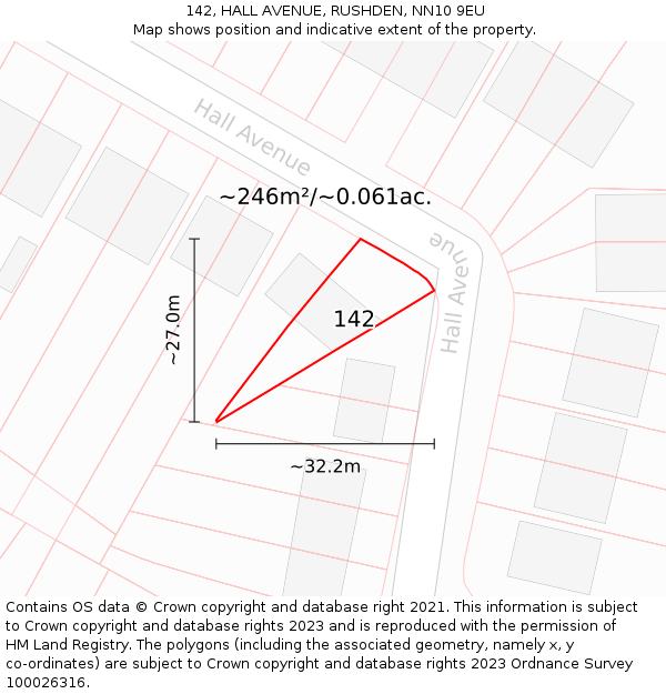 142, HALL AVENUE, RUSHDEN, NN10 9EU: Plot and title map