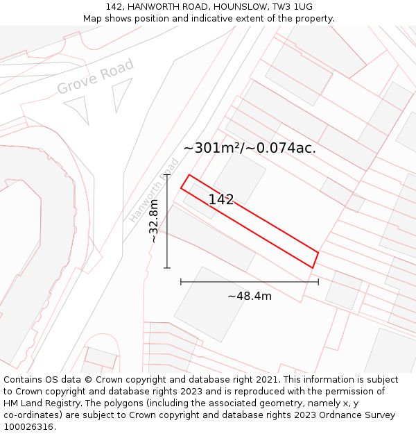 142, HANWORTH ROAD, HOUNSLOW, TW3 1UG: Plot and title map