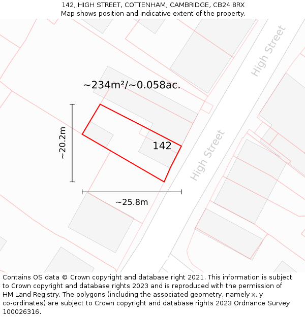 142, HIGH STREET, COTTENHAM, CAMBRIDGE, CB24 8RX: Plot and title map