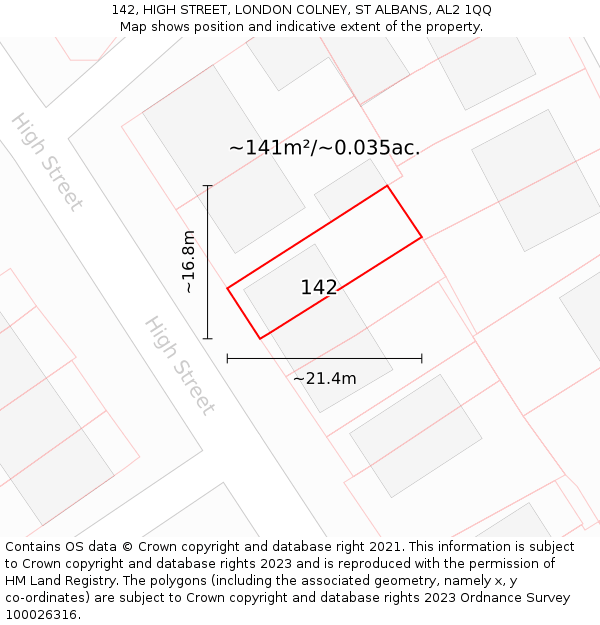 142, HIGH STREET, LONDON COLNEY, ST ALBANS, AL2 1QQ: Plot and title map