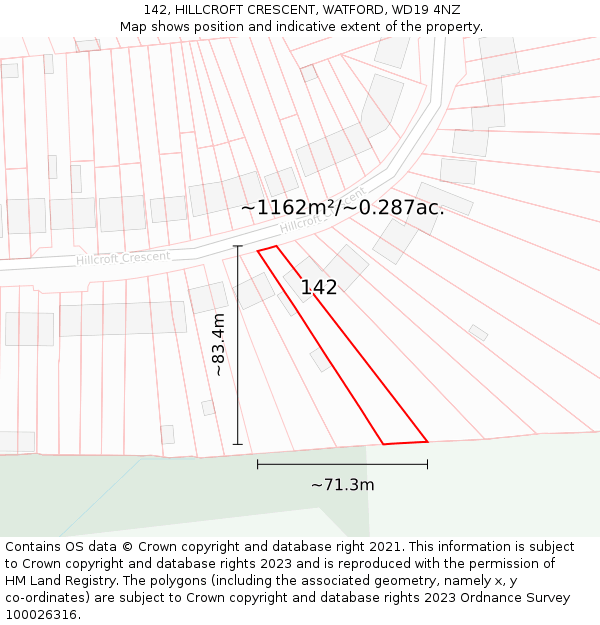 142, HILLCROFT CRESCENT, WATFORD, WD19 4NZ: Plot and title map