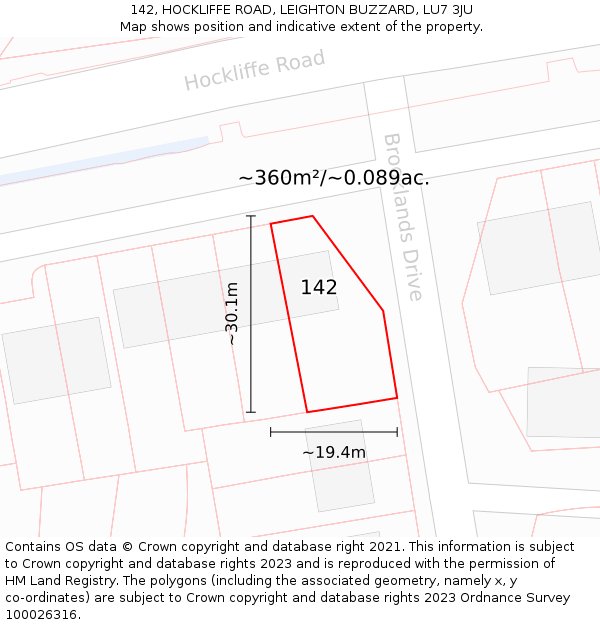 142, HOCKLIFFE ROAD, LEIGHTON BUZZARD, LU7 3JU: Plot and title map