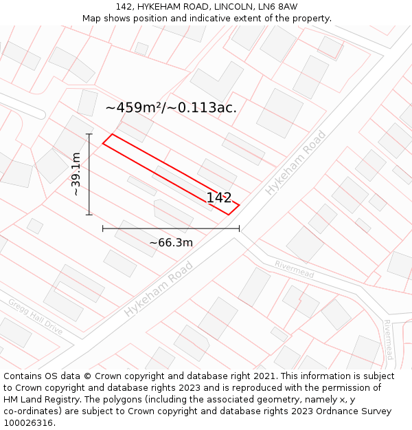 142, HYKEHAM ROAD, LINCOLN, LN6 8AW: Plot and title map