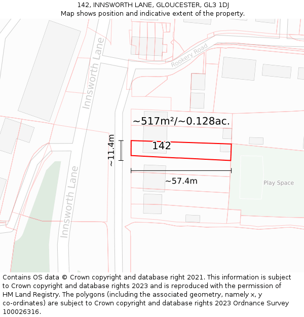 142, INNSWORTH LANE, GLOUCESTER, GL3 1DJ: Plot and title map