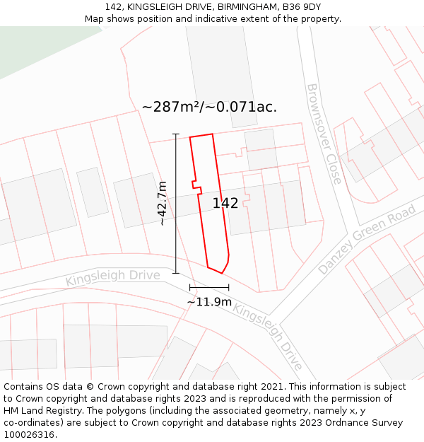 142, KINGSLEIGH DRIVE, BIRMINGHAM, B36 9DY: Plot and title map