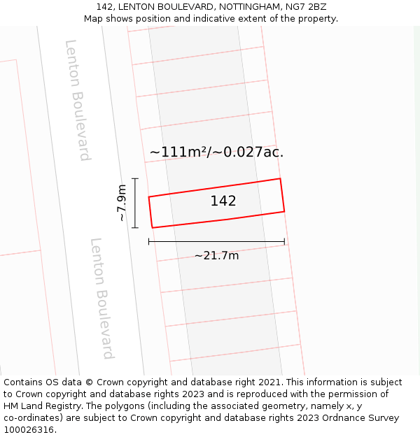 142, LENTON BOULEVARD, NOTTINGHAM, NG7 2BZ: Plot and title map
