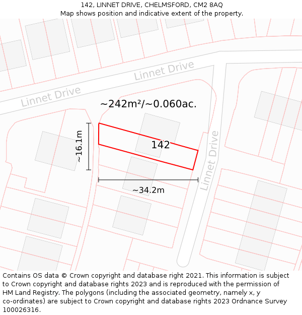 142, LINNET DRIVE, CHELMSFORD, CM2 8AQ: Plot and title map