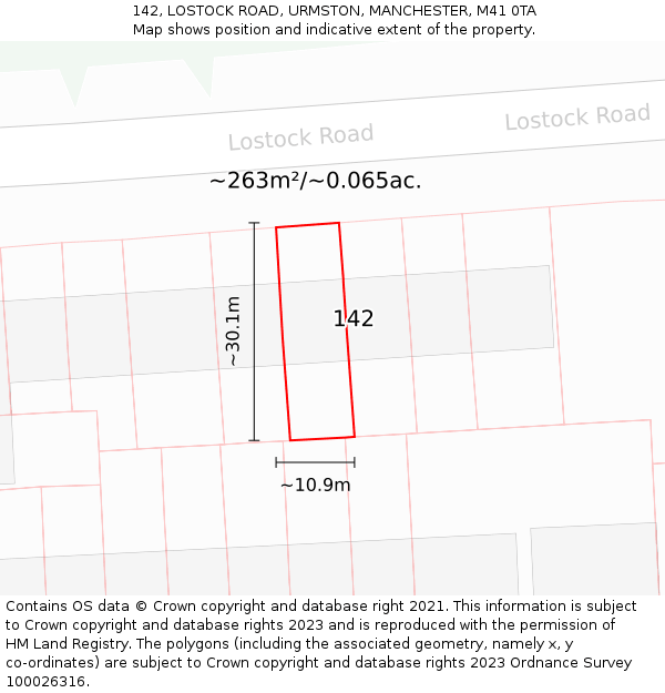142, LOSTOCK ROAD, URMSTON, MANCHESTER, M41 0TA: Plot and title map
