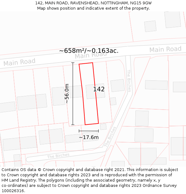142, MAIN ROAD, RAVENSHEAD, NOTTINGHAM, NG15 9GW: Plot and title map