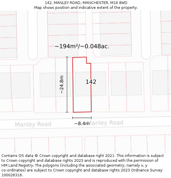 142, MANLEY ROAD, MANCHESTER, M16 8WD: Plot and title map