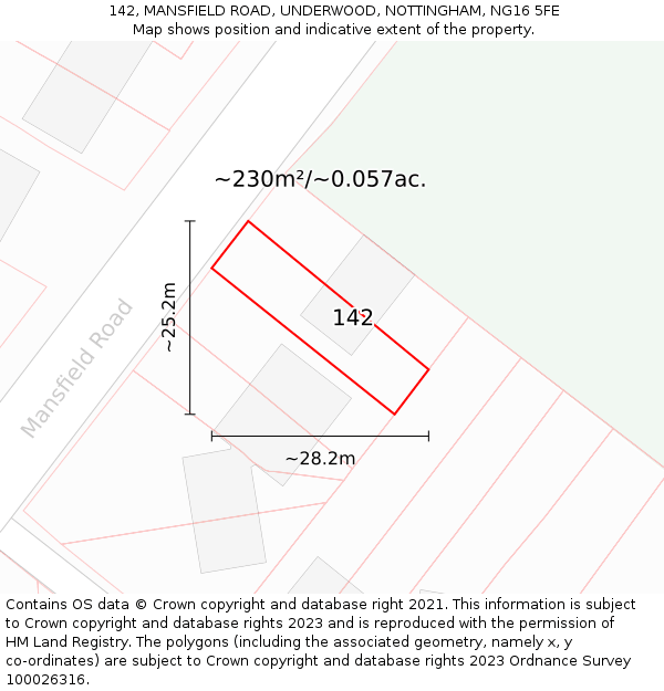 142, MANSFIELD ROAD, UNDERWOOD, NOTTINGHAM, NG16 5FE: Plot and title map