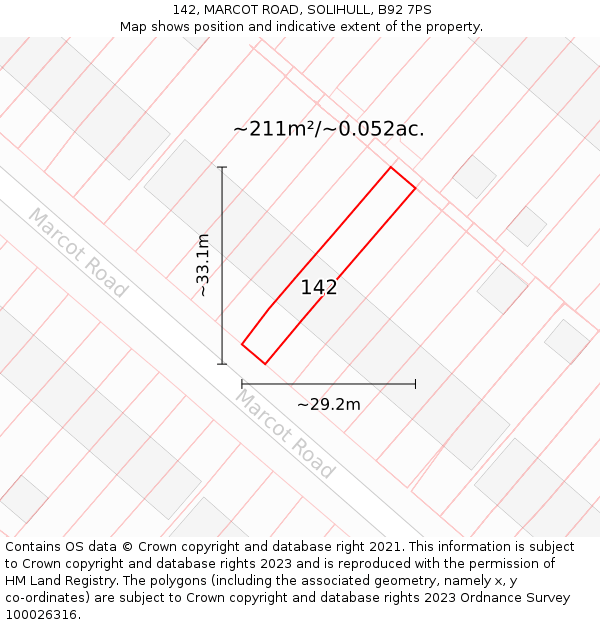 142, MARCOT ROAD, SOLIHULL, B92 7PS: Plot and title map