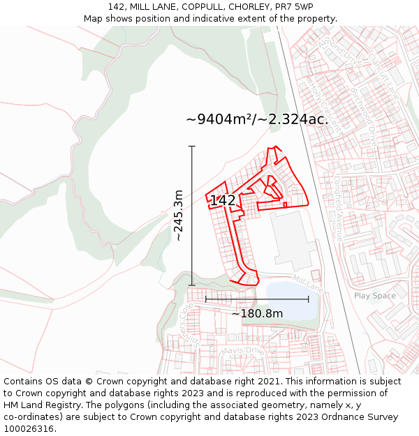 142, MILL LANE, COPPULL, CHORLEY, PR7 5WP: Plot and title map