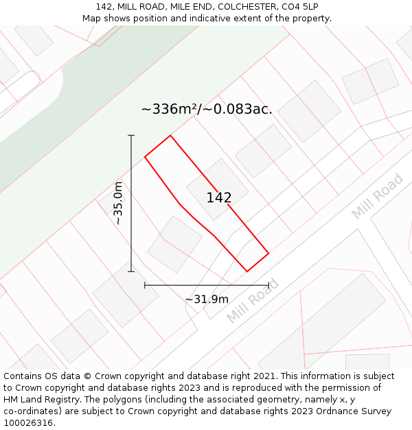 142, MILL ROAD, MILE END, COLCHESTER, CO4 5LP: Plot and title map