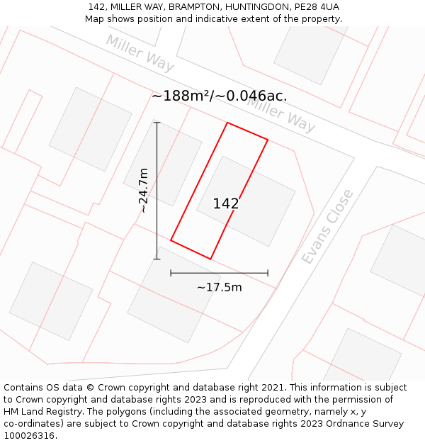 142, MILLER WAY, BRAMPTON, HUNTINGDON, PE28 4UA: Plot and title map