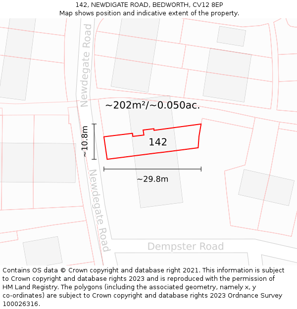 142, NEWDIGATE ROAD, BEDWORTH, CV12 8EP: Plot and title map
