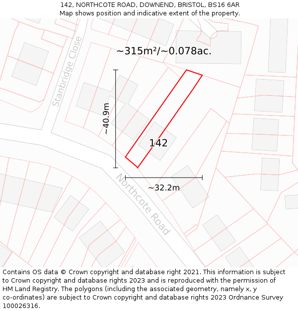 142, NORTHCOTE ROAD, DOWNEND, BRISTOL, BS16 6AR: Plot and title map