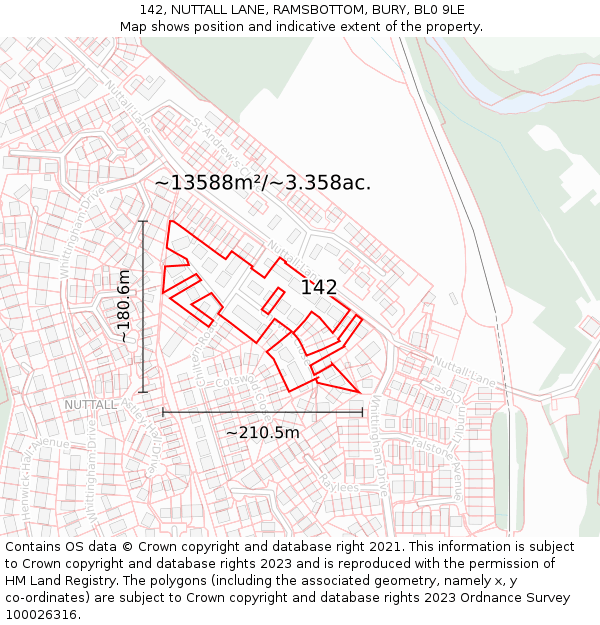 142, NUTTALL LANE, RAMSBOTTOM, BURY, BL0 9LE: Plot and title map