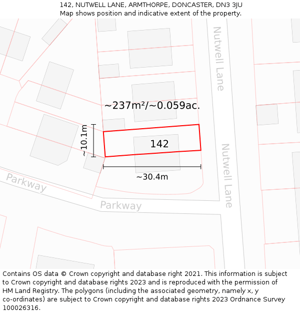 142, NUTWELL LANE, ARMTHORPE, DONCASTER, DN3 3JU: Plot and title map