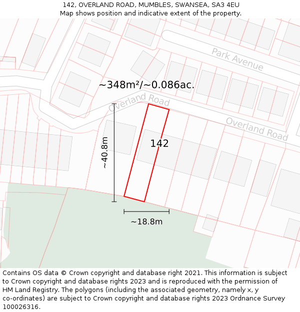 142, OVERLAND ROAD, MUMBLES, SWANSEA, SA3 4EU: Plot and title map