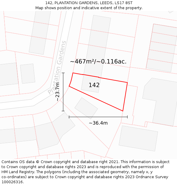 142, PLANTATION GARDENS, LEEDS, LS17 8ST: Plot and title map