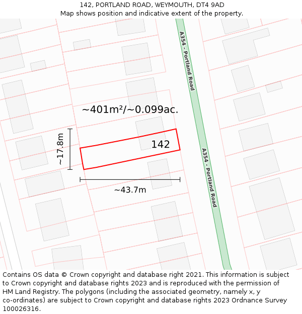 142, PORTLAND ROAD, WEYMOUTH, DT4 9AD: Plot and title map