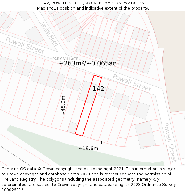 142, POWELL STREET, WOLVERHAMPTON, WV10 0BN: Plot and title map