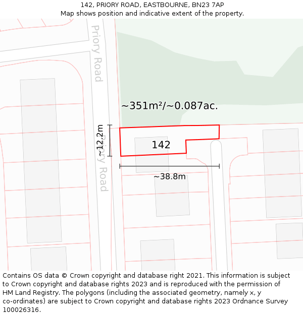 142, PRIORY ROAD, EASTBOURNE, BN23 7AP: Plot and title map