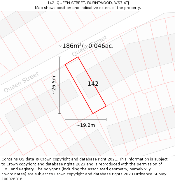 142, QUEEN STREET, BURNTWOOD, WS7 4TJ: Plot and title map