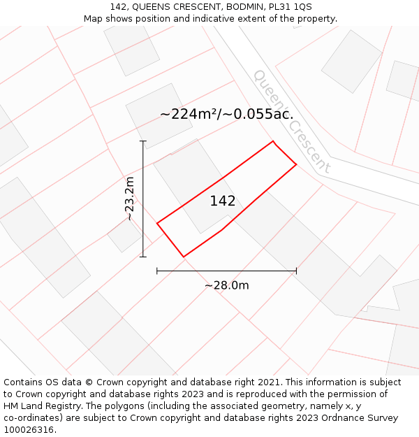 142, QUEENS CRESCENT, BODMIN, PL31 1QS: Plot and title map