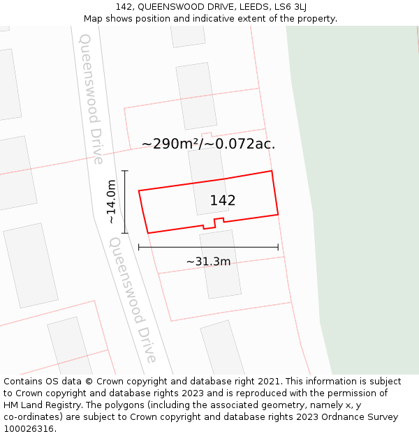 142, QUEENSWOOD DRIVE, LEEDS, LS6 3LJ: Plot and title map