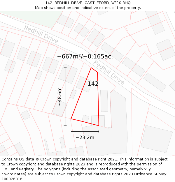 142, REDHILL DRIVE, CASTLEFORD, WF10 3HQ: Plot and title map