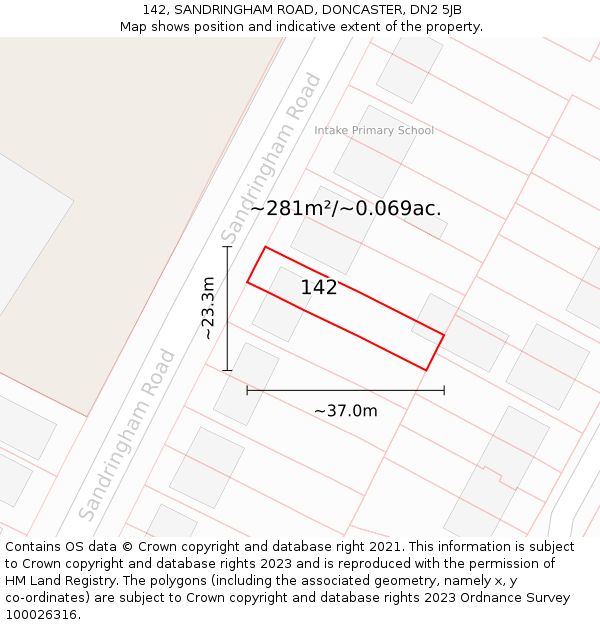 142, SANDRINGHAM ROAD, DONCASTER, DN2 5JB: Plot and title map