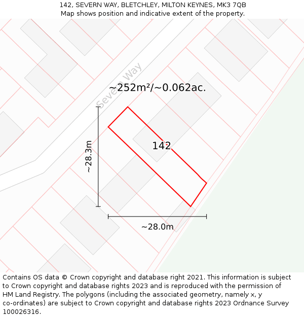 142, SEVERN WAY, BLETCHLEY, MILTON KEYNES, MK3 7QB: Plot and title map