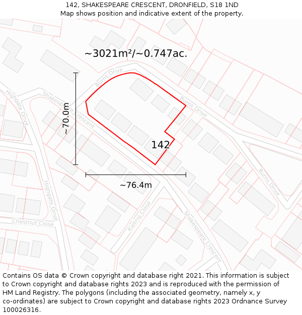 142, SHAKESPEARE CRESCENT, DRONFIELD, S18 1ND: Plot and title map