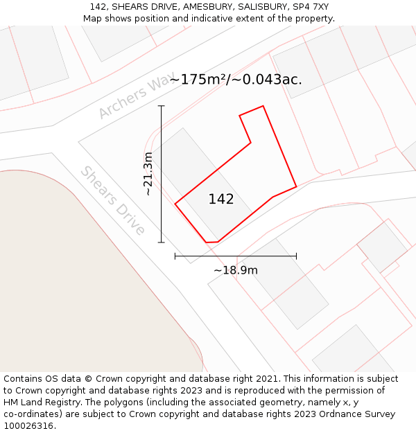 142, SHEARS DRIVE, AMESBURY, SALISBURY, SP4 7XY: Plot and title map