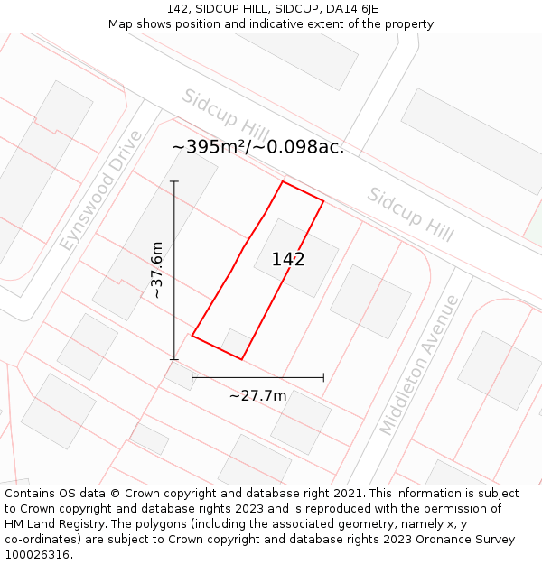 142, SIDCUP HILL, SIDCUP, DA14 6JE: Plot and title map