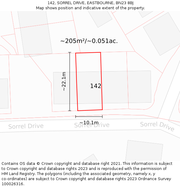 142, SORREL DRIVE, EASTBOURNE, BN23 8BJ: Plot and title map