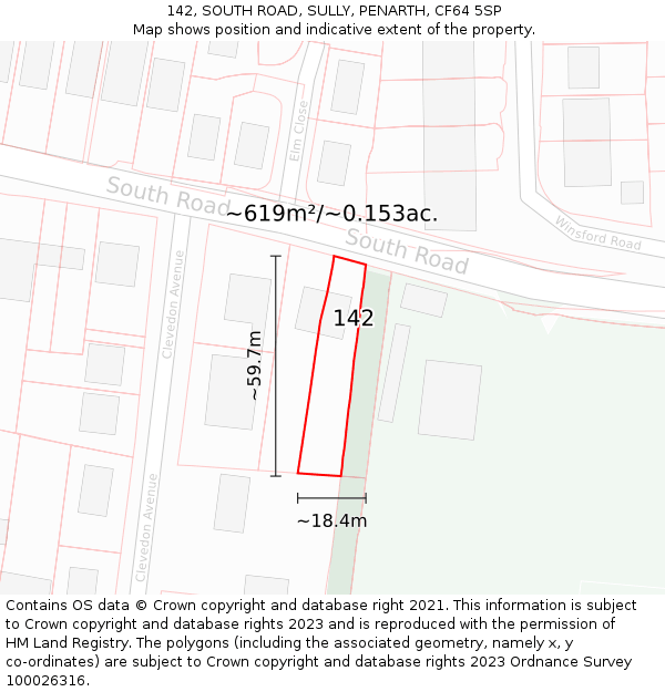 142, SOUTH ROAD, SULLY, PENARTH, CF64 5SP: Plot and title map
