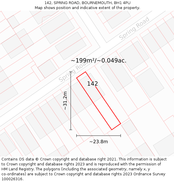 142, SPRING ROAD, BOURNEMOUTH, BH1 4PU: Plot and title map