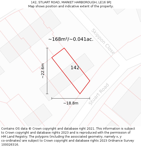 142, STUART ROAD, MARKET HARBOROUGH, LE16 9PJ: Plot and title map
