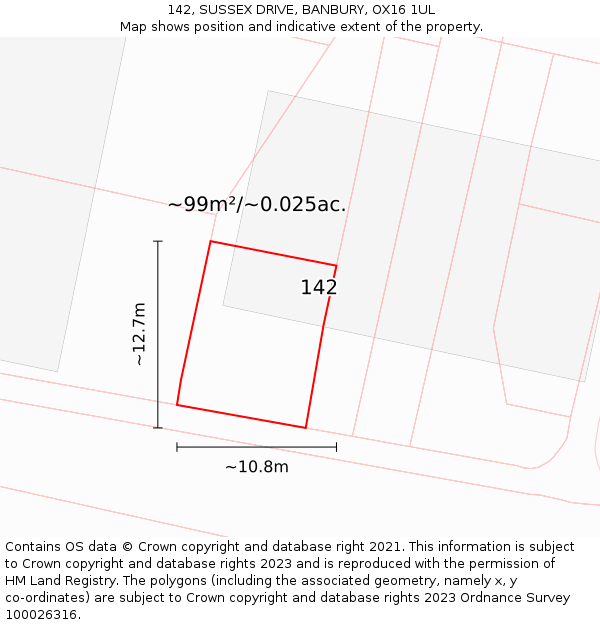 142, SUSSEX DRIVE, BANBURY, OX16 1UL: Plot and title map