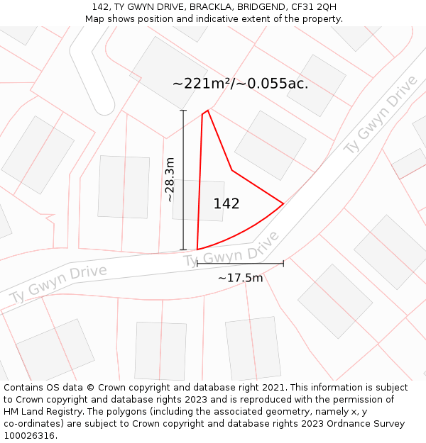 142, TY GWYN DRIVE, BRACKLA, BRIDGEND, CF31 2QH: Plot and title map