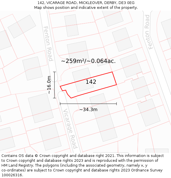 142, VICARAGE ROAD, MICKLEOVER, DERBY, DE3 0EG: Plot and title map