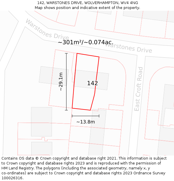 142, WARSTONES DRIVE, WOLVERHAMPTON, WV4 4NG: Plot and title map